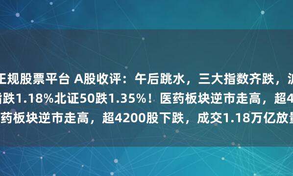 正规股票平台 A股收评：午后跳水，三大指数齐跌，沪指跌0.94%创业板指跌1.18%北证50跌1.35%！医药板块逆市走高，超4200股下跌，成交1.18万亿放量429亿